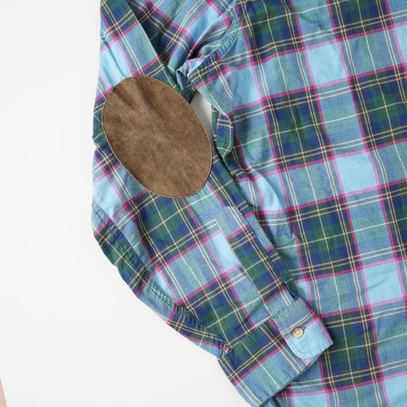 Polo Ralph Lauren Whitfield Elbow Patch Shirt Classic Fit Plaid Blue Men Sz XL - Picture 7 of 14
